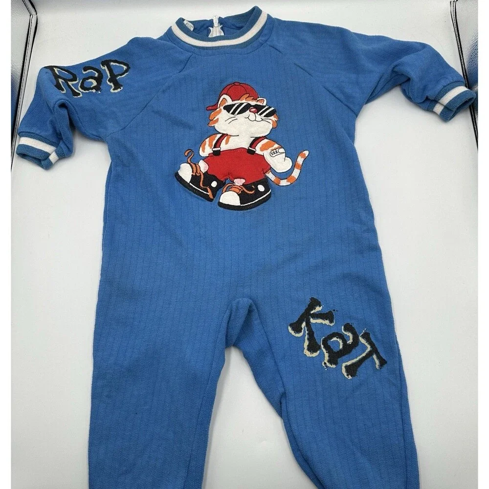 Vintage 90s Carters Toddler Boys Romper Blue Rap Kat One Piece Size 24 Months
